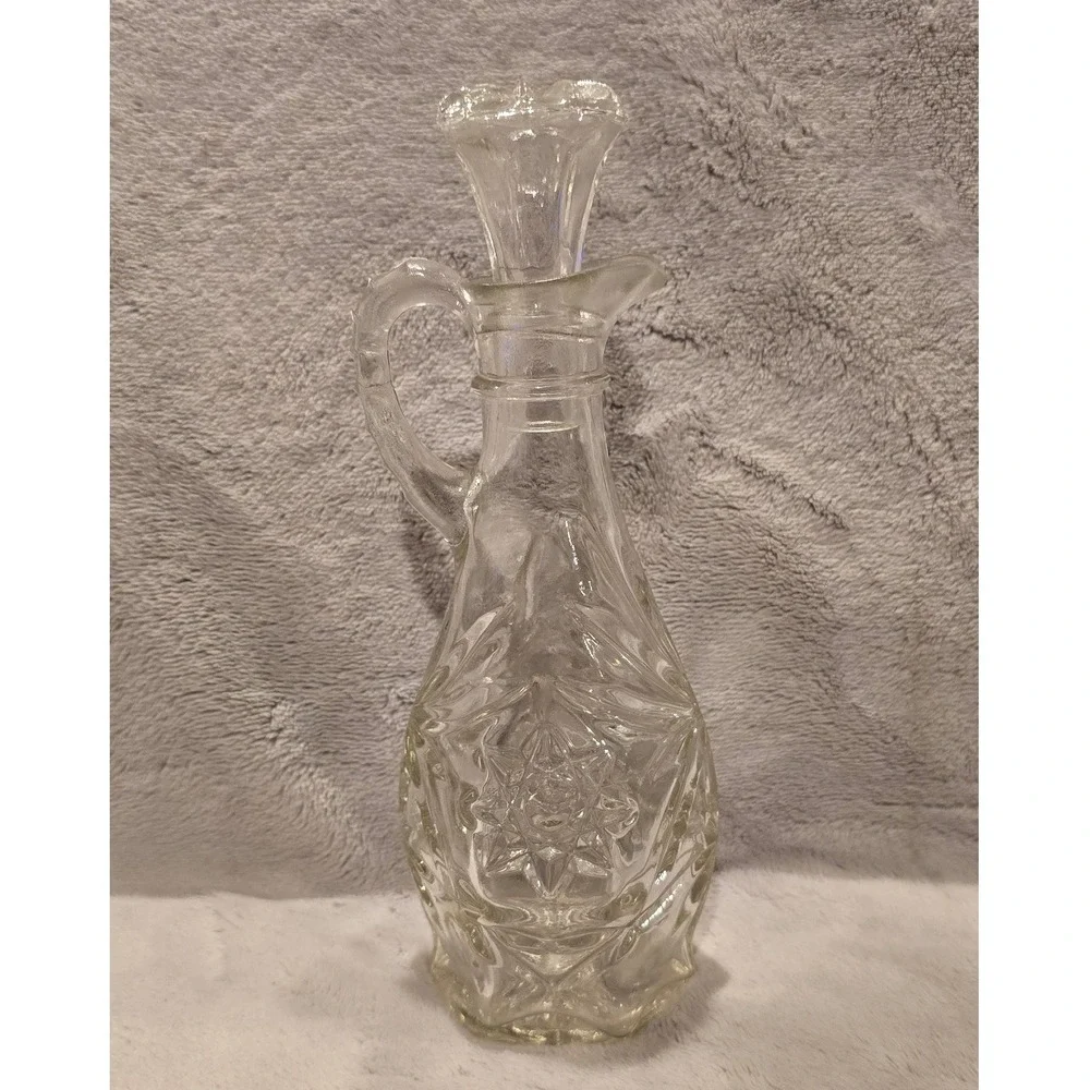 Vintage Anchor Hocking Star of David Clear Pressed Glass Cruet with Stopper 7.5